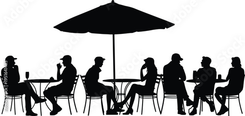 Silhouette of people sitting at outdoor cafe under large umbrella, friends enjoying conversation, dining together in relaxed social atmosphere, urban lifestyle and leisure concept