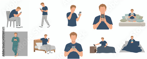 Quadro em tela Flat Character Man Using Mobile Phone in Different Poses Illustration