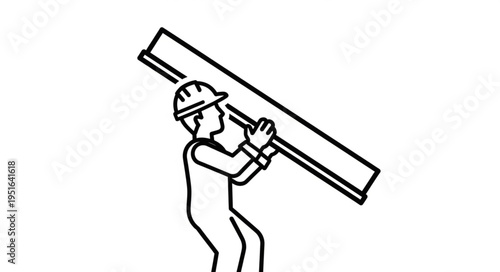 A construction worker wearing a hard hat carries a long, heavy beam on their shoulder.