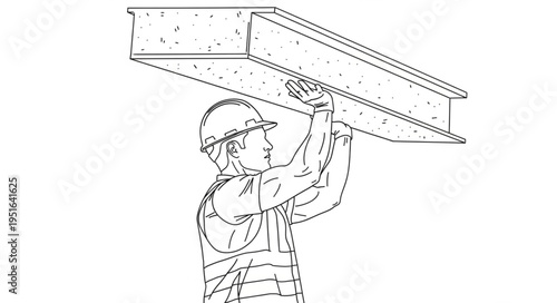 A construction worker wearing a hard hat is holding a large beam.