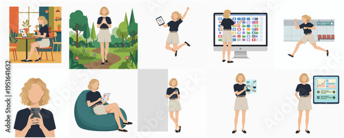 Flat Style Diverse Woman Character in Various Poses and Situations Illustration Set