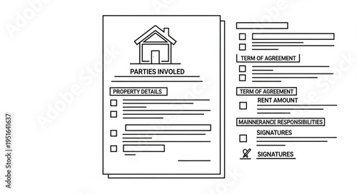 Black and white image of a contract document with checkboxes and a house icon.