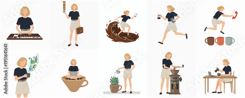 Minimalist Flat Design Woman Enjoying Coffee in Various Activity Illustration Set
