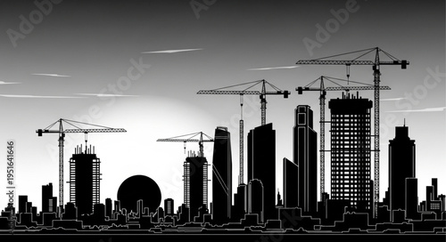 Silhouette of a cityscape with construction cranes, buildings, and a setting sun in the background.