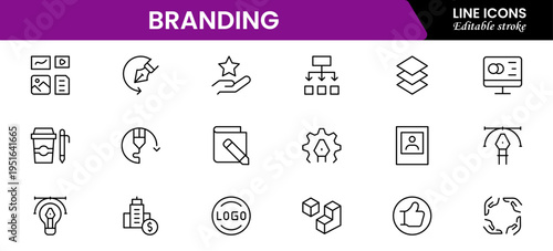 Branding icon set. Containing marketing, product, brand value, design, logo, brand development, social media, advertising and loyal customers icons
