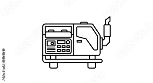 Line drawing of a portable generator, showing its various components and design.