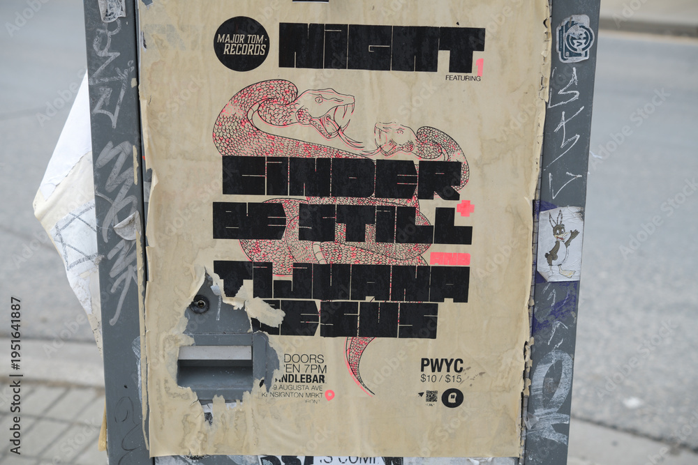 Naklejka premium old concert promotion street poster for Cinder, Be Still, and the band Tijuana Jesus on a Canada Post relay box, Toronto