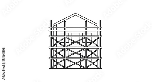 Black and white illustration of a building under construction with scaffolding.