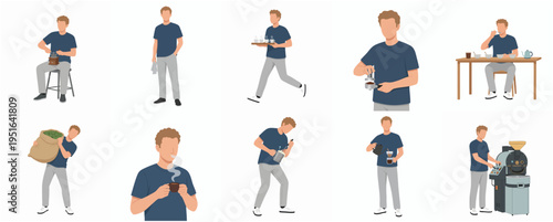Flat Style Diverse Poses of Coffee Roasting Man Activity Set Illustration