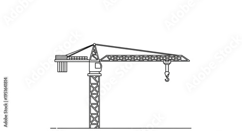 A detailed line drawing of a construction crane, showing its structure and design.