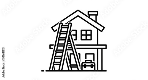Black and white illustration of a house with a ladder, suggesting home improvement.
