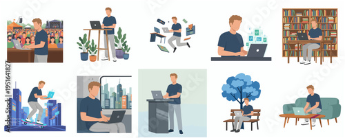 Flat Design Man Working Remotely with Laptop in Different Locations Set