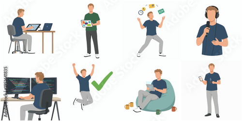 Flat Illustration Set of Man Doing Activities in Various Poses