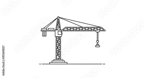 Line drawing of a construction crane, depicting its structure and design in detail.