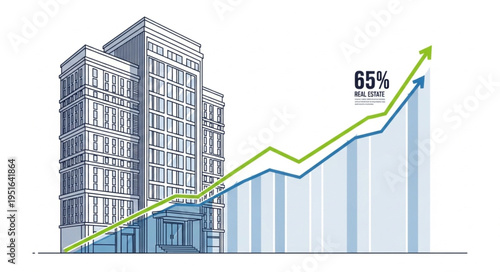 Illustration depicting a building with a rising graph, representing real estate growth and financial success.