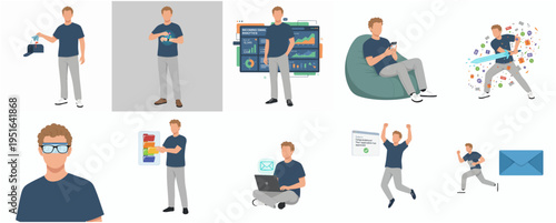 Flat Character Illustration of Man in Different Business and Lifestyle Activity