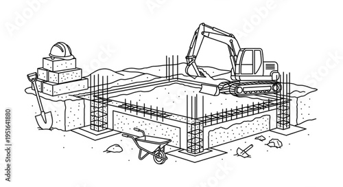 Construction site showing foundation work, including an excavator, rebar, and concrete forms.