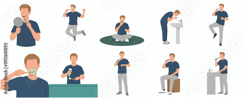 Flat Graphic Collection of Man Daily Morning Hygiene Routine Poses Illustration