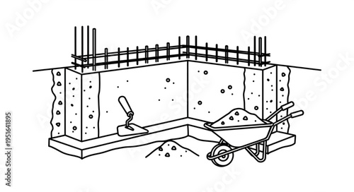 Construction site showing foundation work with concrete, rebar, tools, and a wheelbarrow.