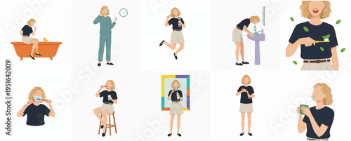 Flat Style Various Daily Activity of a Woman in Different Poses Illustration