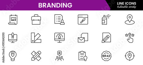 Branding icon set. Containing marketing, product, brand value, design, logo, brand development, social media, advertising and loyal customers icons