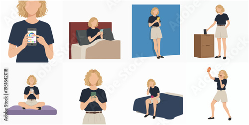 Flat Style Detailed Woman Using Smartphone Daily Activity Illustration Set