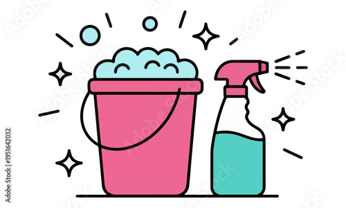 Cleaning supplies bucket and spray.