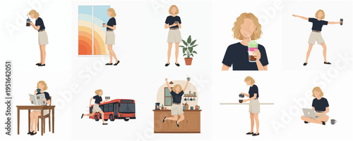 Flat Illustration Set of Young Blonde Woman in Various Daily Activities