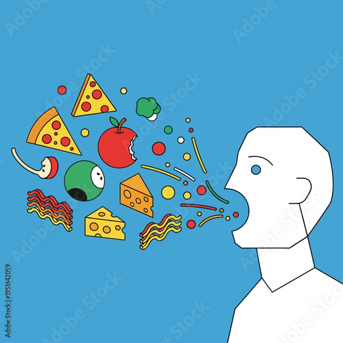 Illustration of a person expelling various food items from their mouth, blue background.