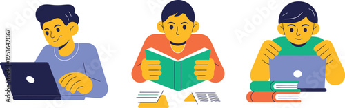 Three cartoon-style people sitting and studying with laptops and books indoors