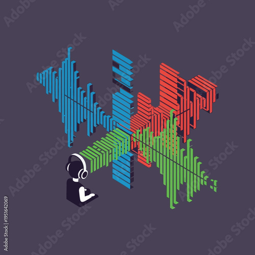 An artistic illustration of a person listening to music with colorful sound waves.