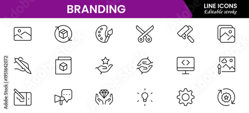 Branding icon set. Containing marketing, product, brand value, design, logo, brand development, social media, advertising and loyal customers icons