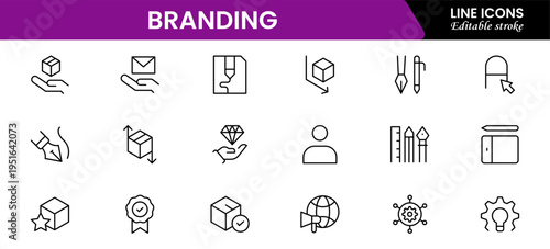 Branding icon set. Containing marketing, product, brand value, design, logo, brand development, social media, advertising and loyal customers icons