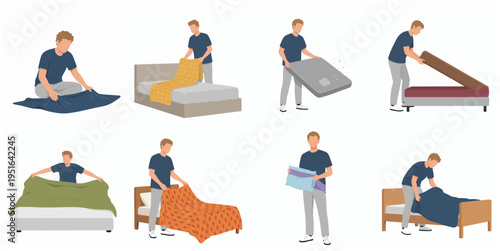 Simple Flat Illustration of Man Making Bed, Room Cleaning Process