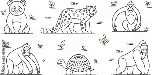 Photography Jungle animals line art vector illustration with panda, leopard, gorilla and tur