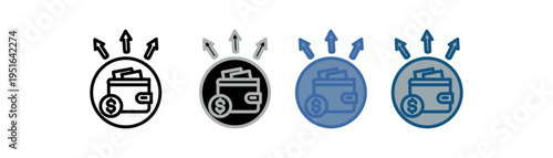 
Expense icon set multiple style collection with circle design, three up arrows, money and wallet