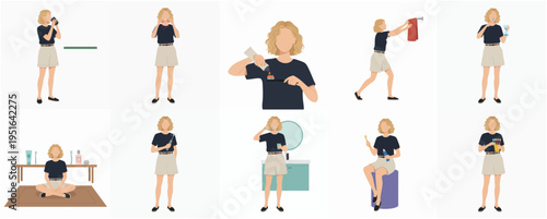 Flat Illustration Set of Blonde Woman Doing Daily Routine Activity