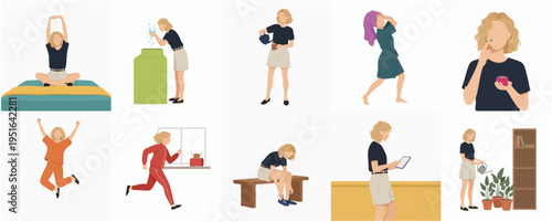 Flat Simple Woman in Various Activities and Daily Life Routine Illustration
