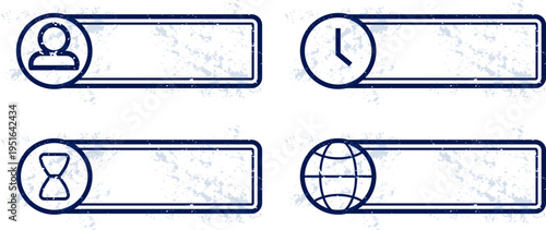 Empty Rubber Stamp Template Set – Blank Grunge Badges with Check Mark, Cross, Clock, Globe and Hourglass for Custom Text, Documents, Business Workflow and UI Design. Transparent Grunge Effect.