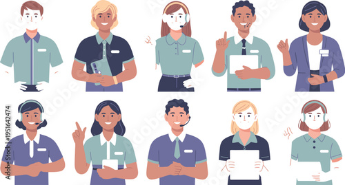 An illustration featuring diverse people standing and showing various gestures in a professional setting with office workers and colleagues.