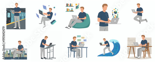 Flat Style Various Man Working with Laptop Illustration Set