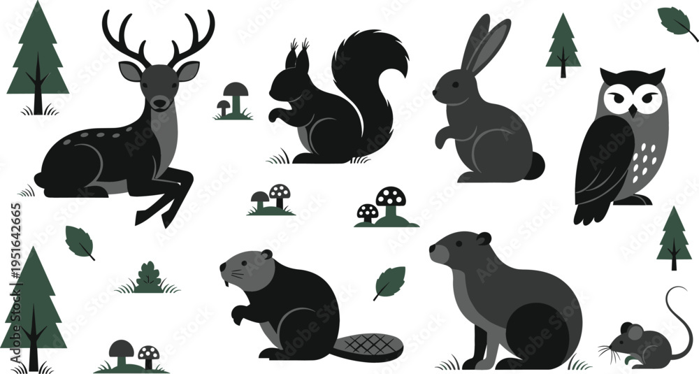 Fototapeta premium Forest animals silhouettes vector illustration set with deer, squirrel, rabbit, owl and beaver, woodland wildlife collection in flat minimal style design