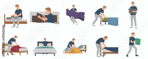 Flat Style Character Making Bed and Reading Book Lifestyle Illustration