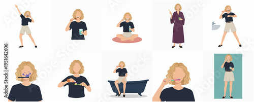 Flat Style Woman Character in Various Pose Brushing Teeth Illustration