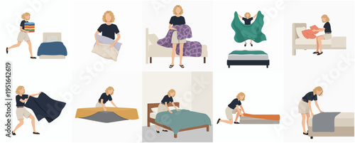 Minimalist Flat Illustration Set Woman Making Bed, Arranging Pillows and Blanket