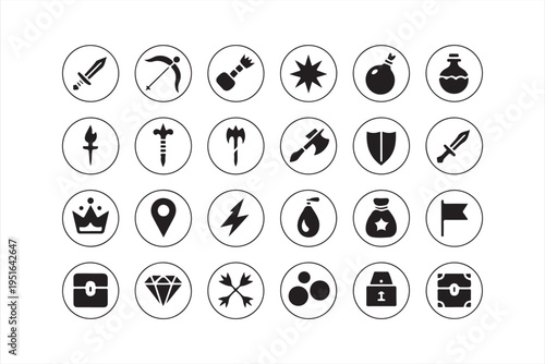 Collection of fantasy RPG icons for weapons spells and adventure game interface design