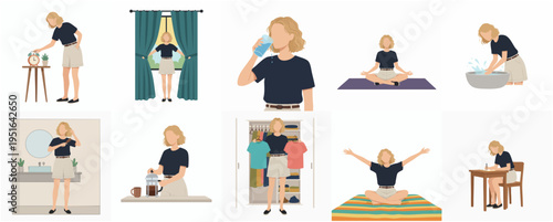 Minimalist Woman Morning Routine Illustration Set in various scenes in her daily activities