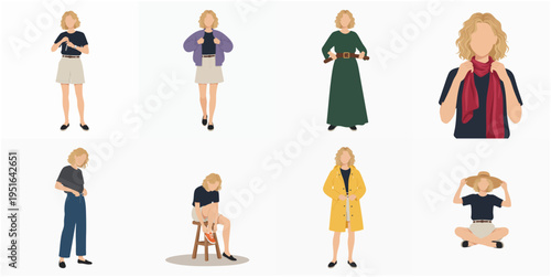 Minimalist Flat Illustration Woman in Various Stylish Outfit Character Set