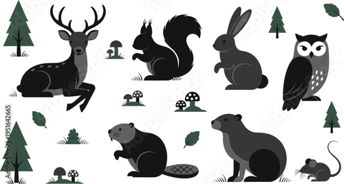 Forest animals silhouettes vector illustration set with deer, squirrel, rabbit, owl and beaver, woodland wildlife collection in flat minimal style design