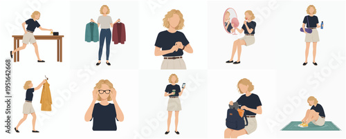 Flat Illustration of Young Woman Doing Daily Activities and Errands